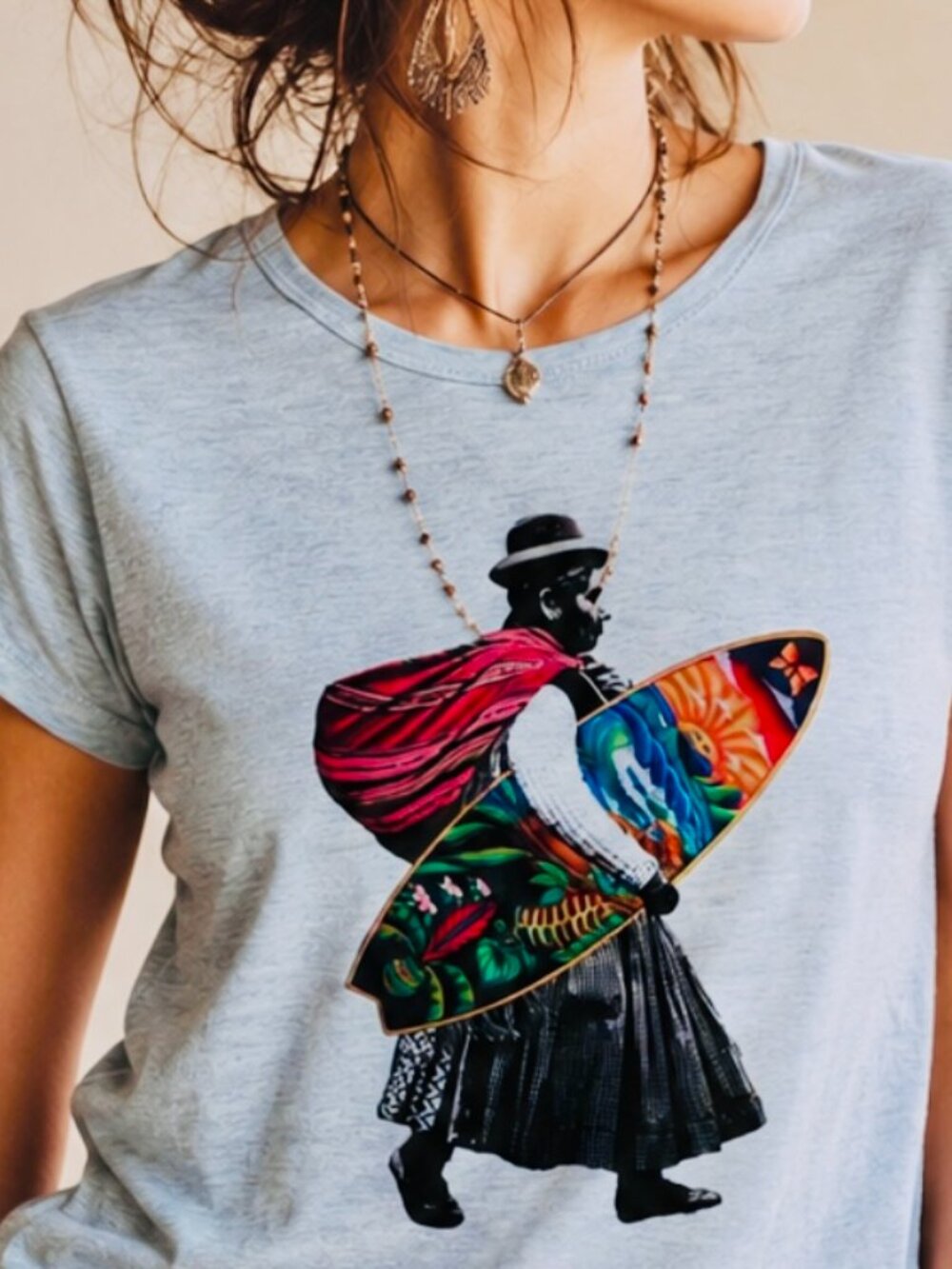 Munay Andean Surf graphic tee women's Med blue Peruvian natural cotton